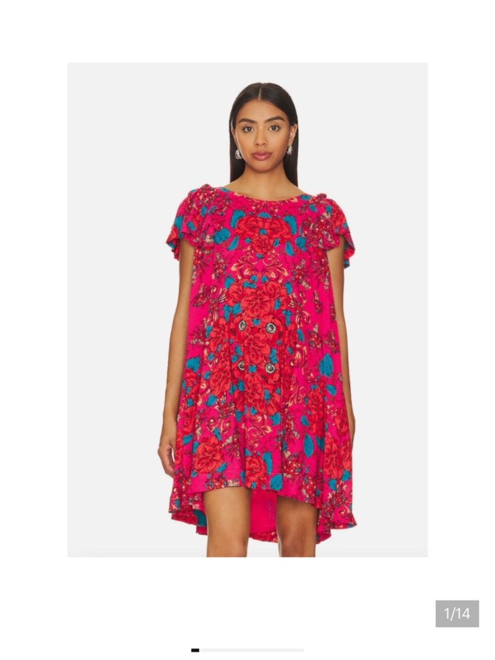 Free People Yara Printed Mini Dress Womens S Rose Floral Flowy Crew A-Line Boho